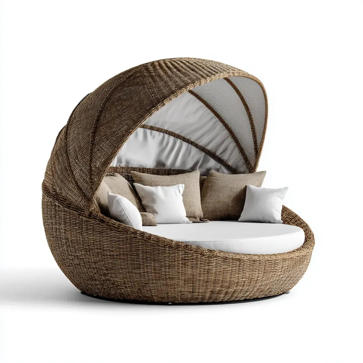 Lit de jardin rond avec auvent brun naturel et blanc 180 x 160 x 165 cm en rotin synthétique PE