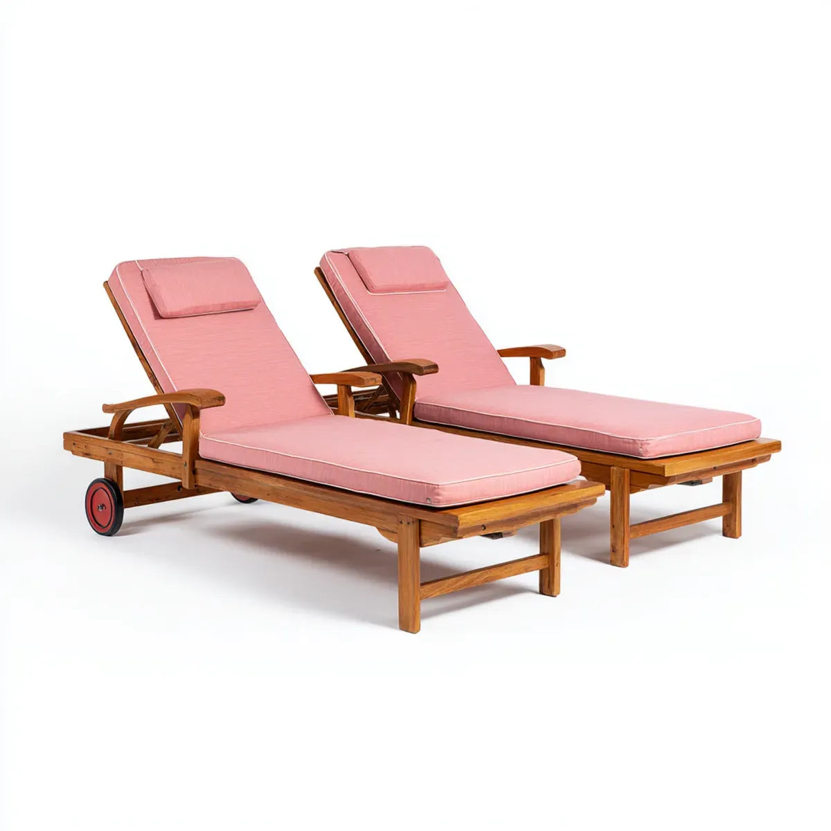 Lot de 2 bains de soleil à roulettes rose en bois d'acacia massif 200 x 70 x 35 cm