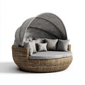 Lit de jardin rond 2 places gris en rotin naturel avec baldaquin 180 x 160 x 155 cm