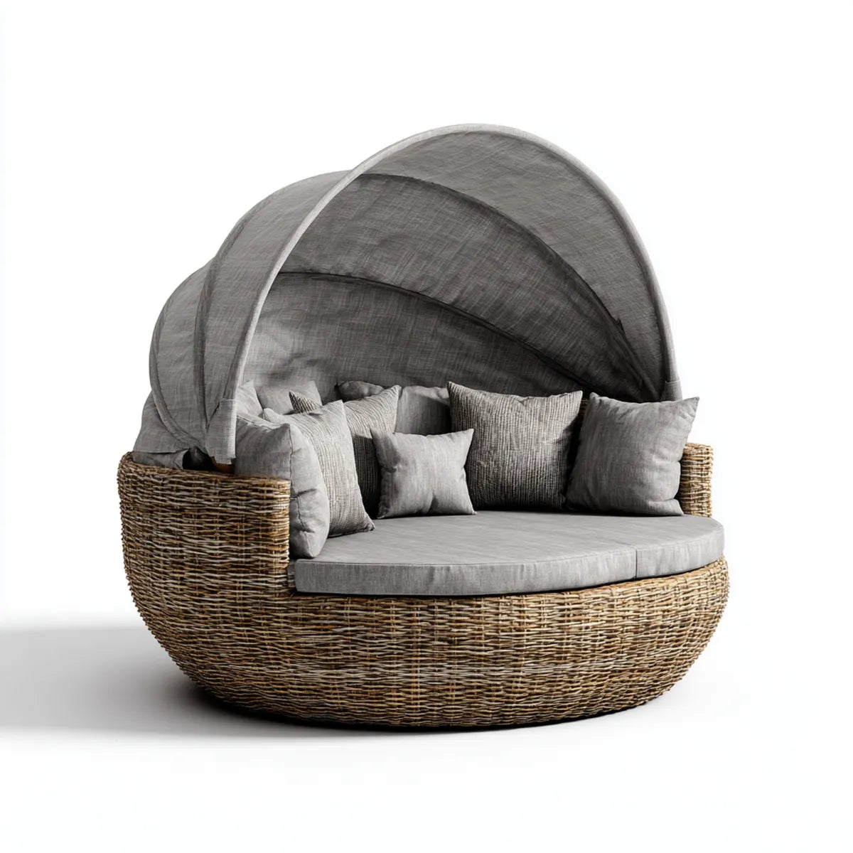 Lit de jardin rond 2 places gris en rotin naturel avec baldaquin 180 x 160 x 155 cm