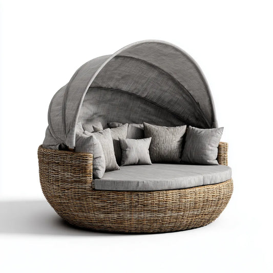 Lit de jardin rond 2 places gris en rotin naturel avec baldaquin 180 x 160 x 155 cm