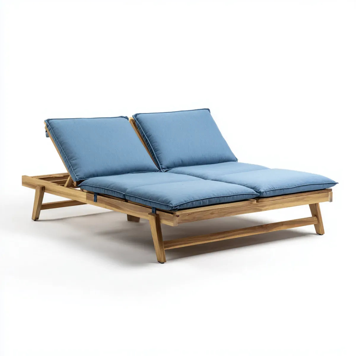 Bain de soleil double réglable bleu en bois massif d'acacia rectangulaire 200 x 140 x 80 cm