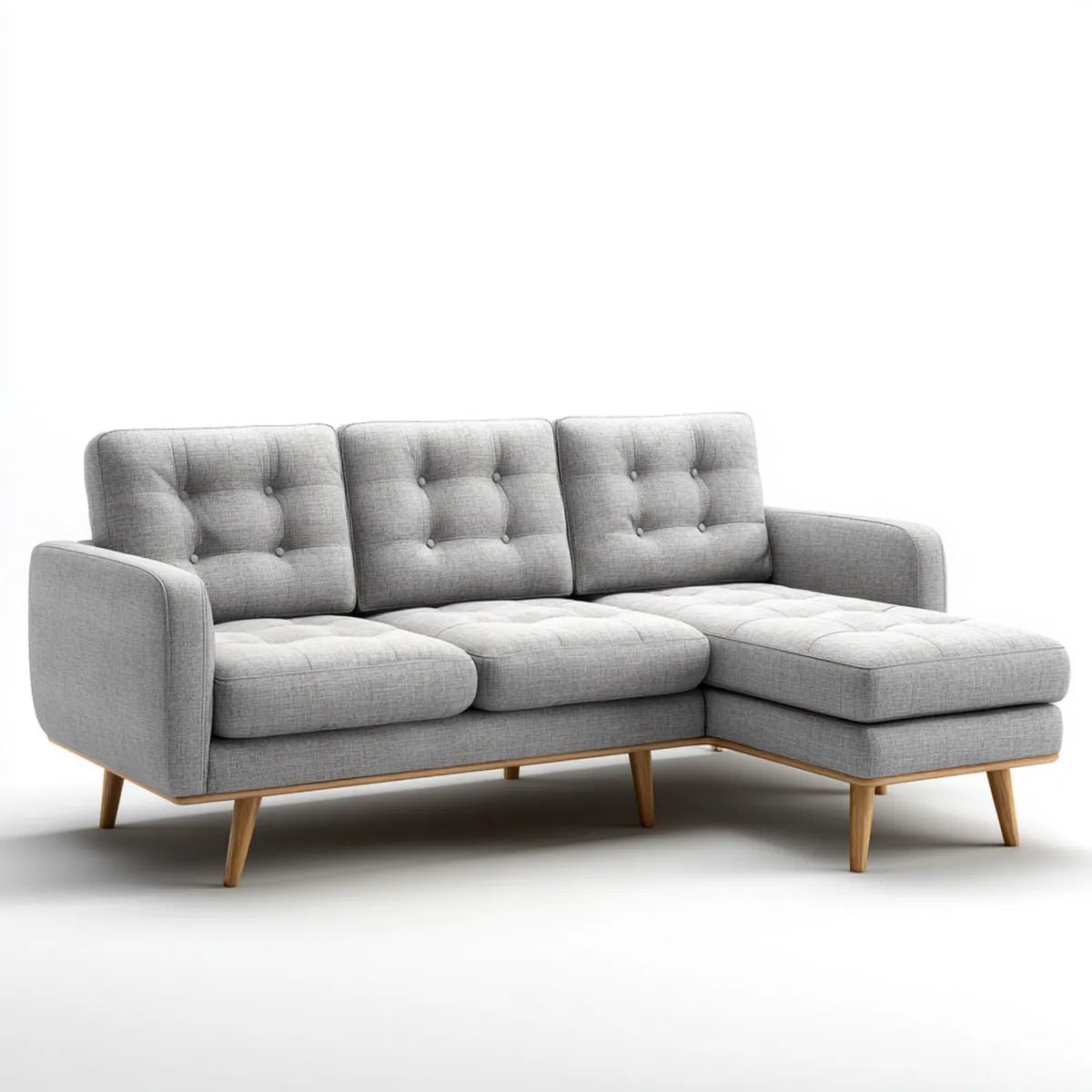 Canapé d’angle 3 places gris clair en polyester forme L 220 x 145 x 85 cm