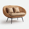 Canapé de jardin 2 places naturel beige noir en osier tressé et acier forme arrondie 145 x 75 x 90 cm
