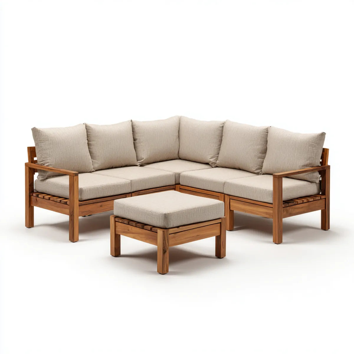 Salon de jardin d’angle 3 pièces beige en acacia massif avec coussins 210 x 210 cm