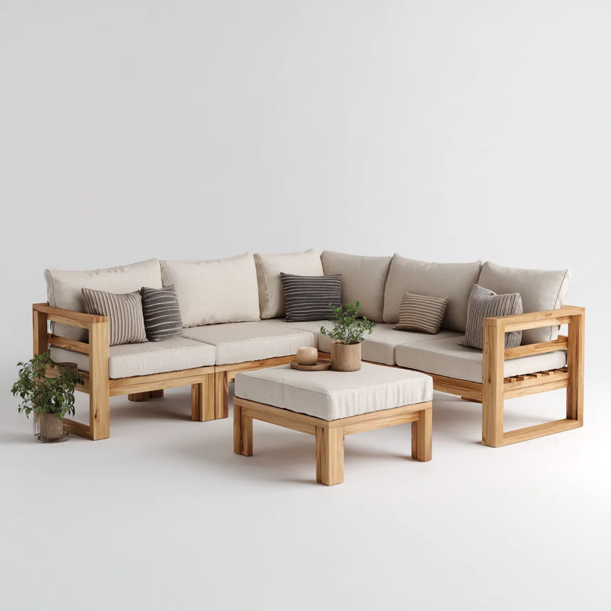 Salon de jardin d'angle 6 places avec repose-pieds naturel beige 264 x 264 x 76 cm en acacia massif avec coussins en polyester