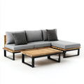 Salon de jardin d’angle 3 pièces en acacia massif et acier gris naturel noir 220 × 150 × 65 cm en L