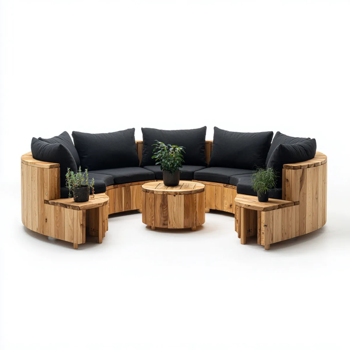 Salon de jardin 4 pièces en pin massif naturel avec coussins noirs forme semi-circulaire 300 x 150 x 85 cm