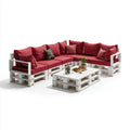 Salon de jardin d'angle 5 places blanc et bordeaux en pin massif avec coussins 280 x 200 x 80 cm