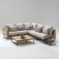 Salon de jardin d’angle 5 places beige en bois massif et acier avec table basse 250 x 250 cm