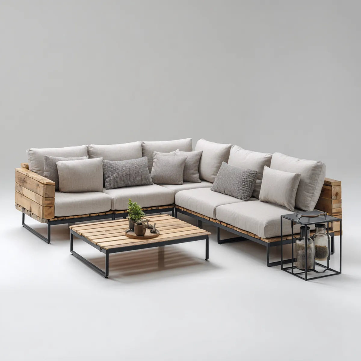 Salon de jardin d’angle 5 places beige en bois massif et acier avec table basse 250 x 250 cm