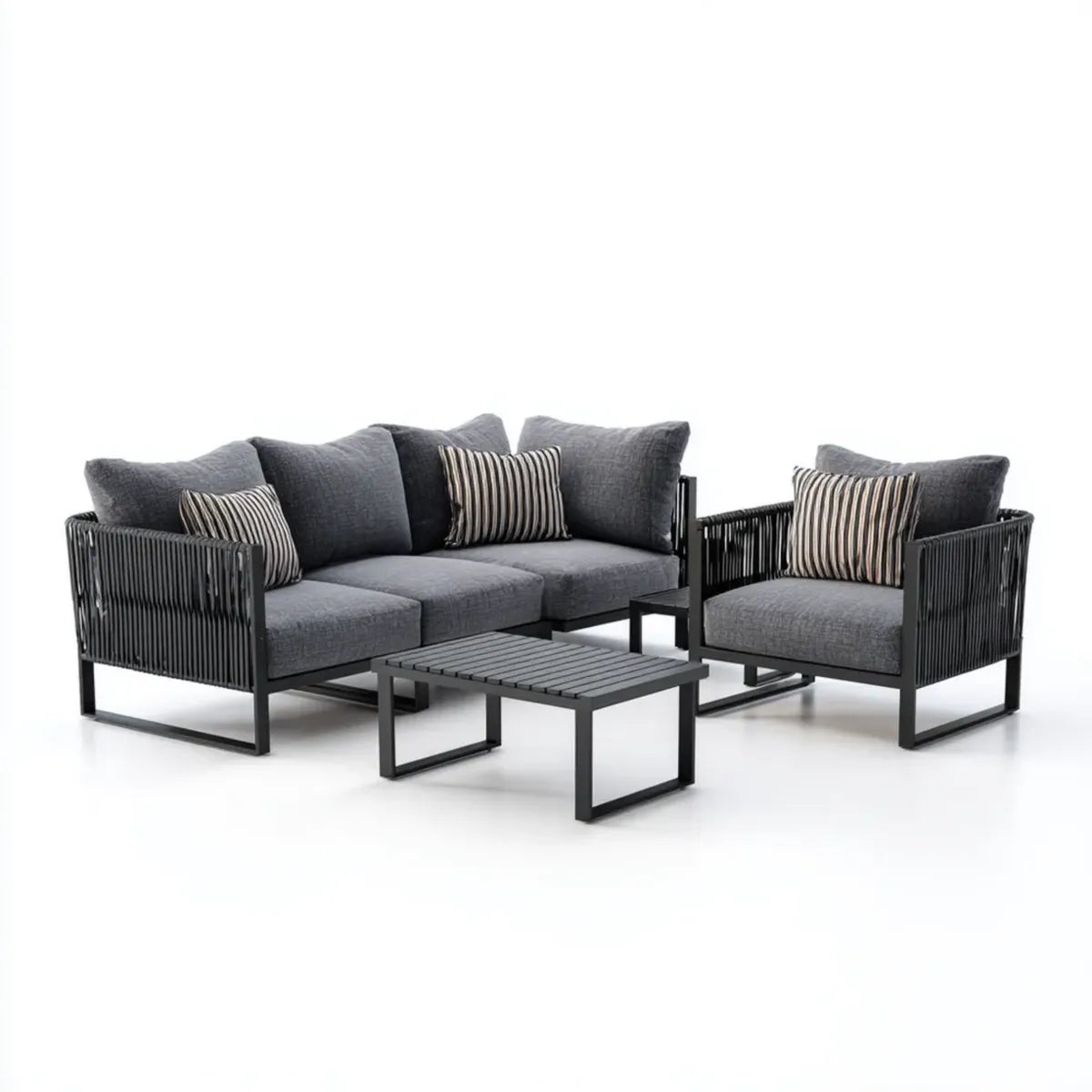Salon de jardin 3 pièces gris anthracite avec canapé 2 places fauteuil et table basse en aluminium corde PE 180 x 78 cm