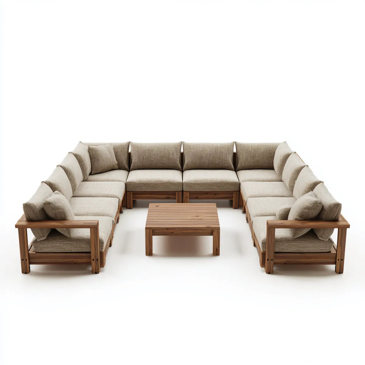 Salon de jardin modulable 10 places en U beige et brun en acacia massif 300 x 280 x 75 cm