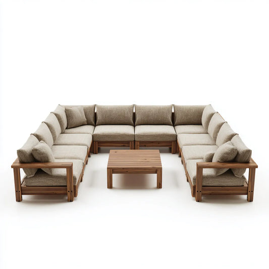 Salon de jardin modulable 10 places en U beige et brun en acacia massif 300 x 280 x 75 cm