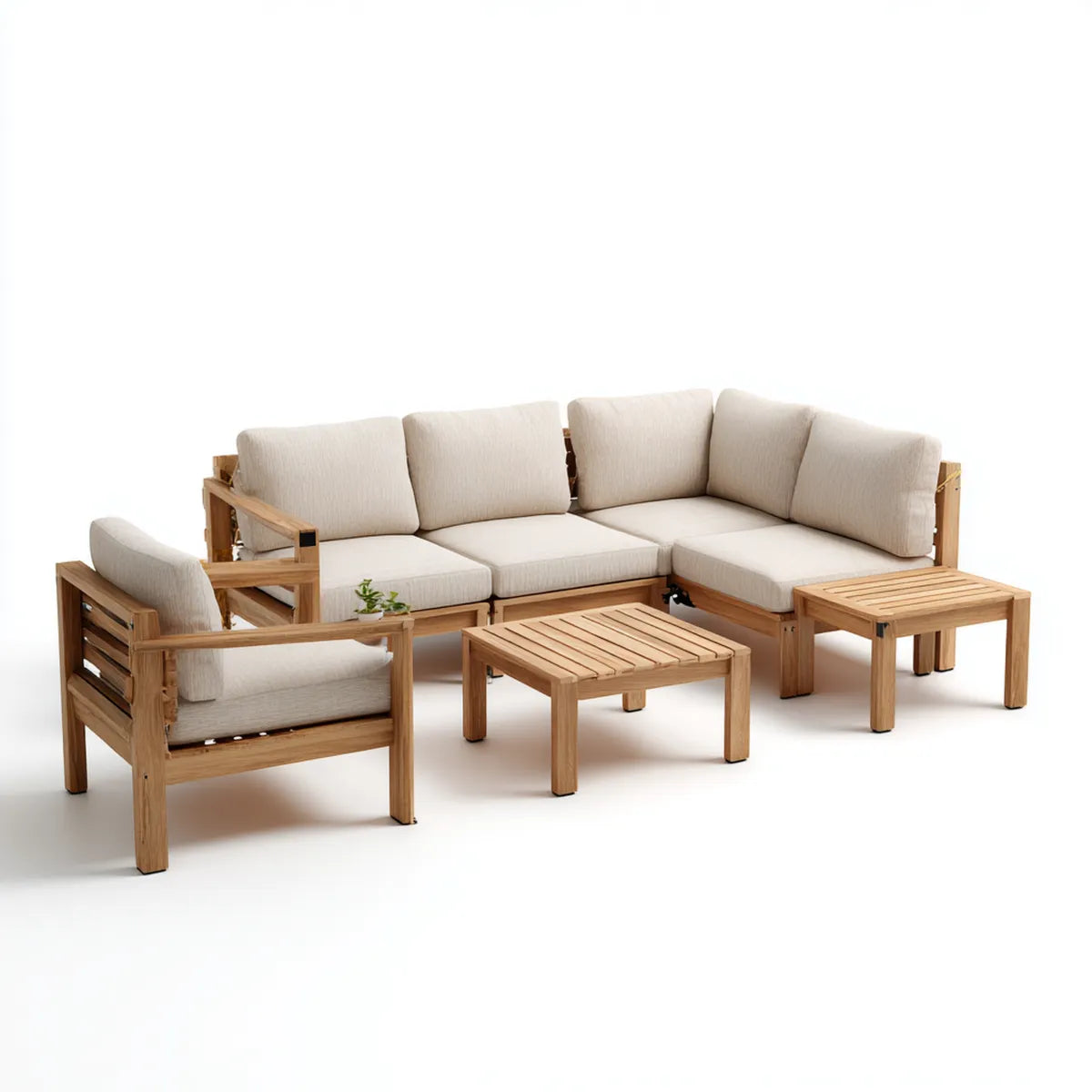 Ensemble salon de jardin d'angle 4 places naturel écru en acacia massif 250 x 185 x 82 cm