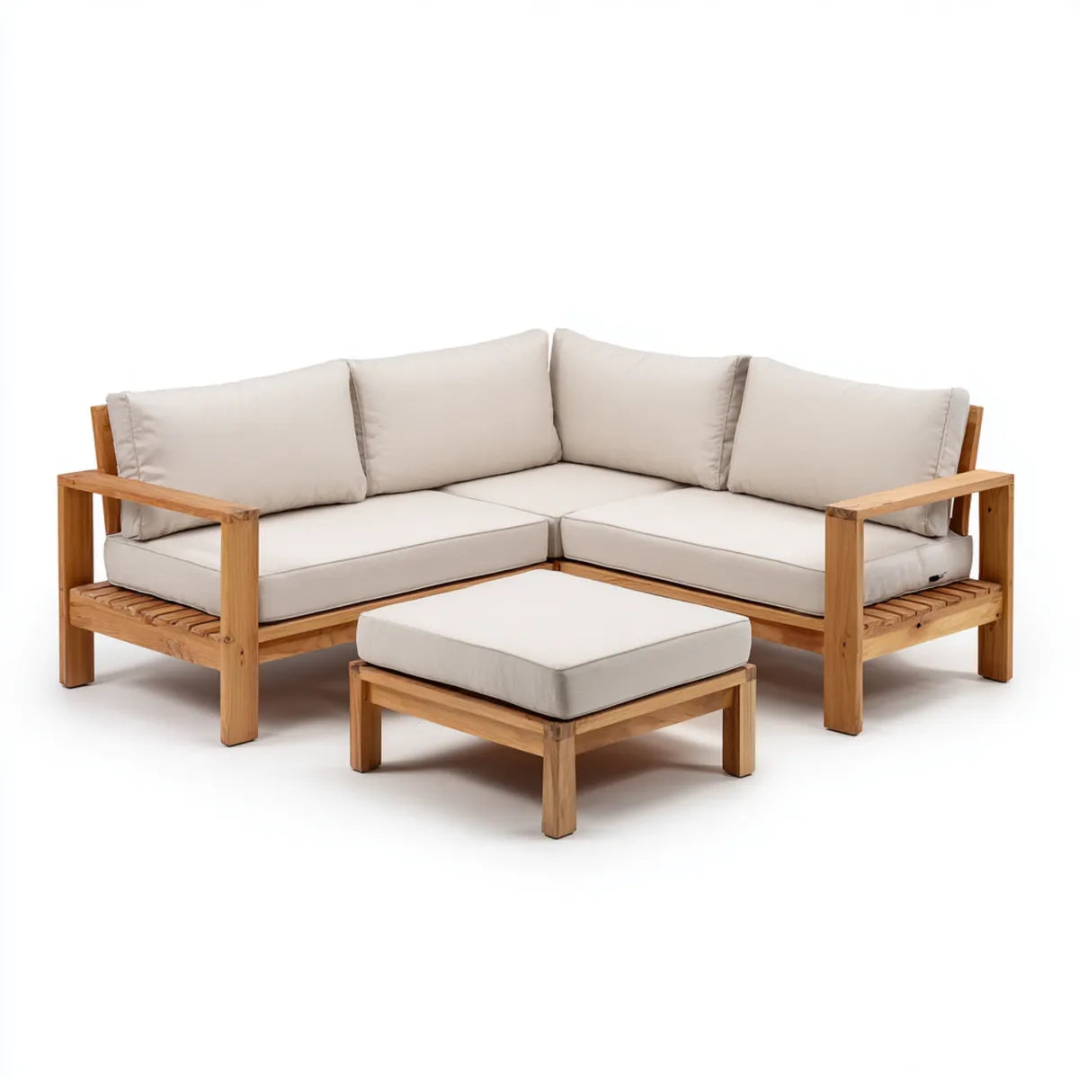 Canapé de jardin d'angle 2 places avec repose-pieds beige en acacia massif forme L 160 x 80 x 75 cm